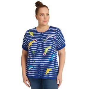 QVC NWT beaded embroidered sea life nautical cardigan sweater XL